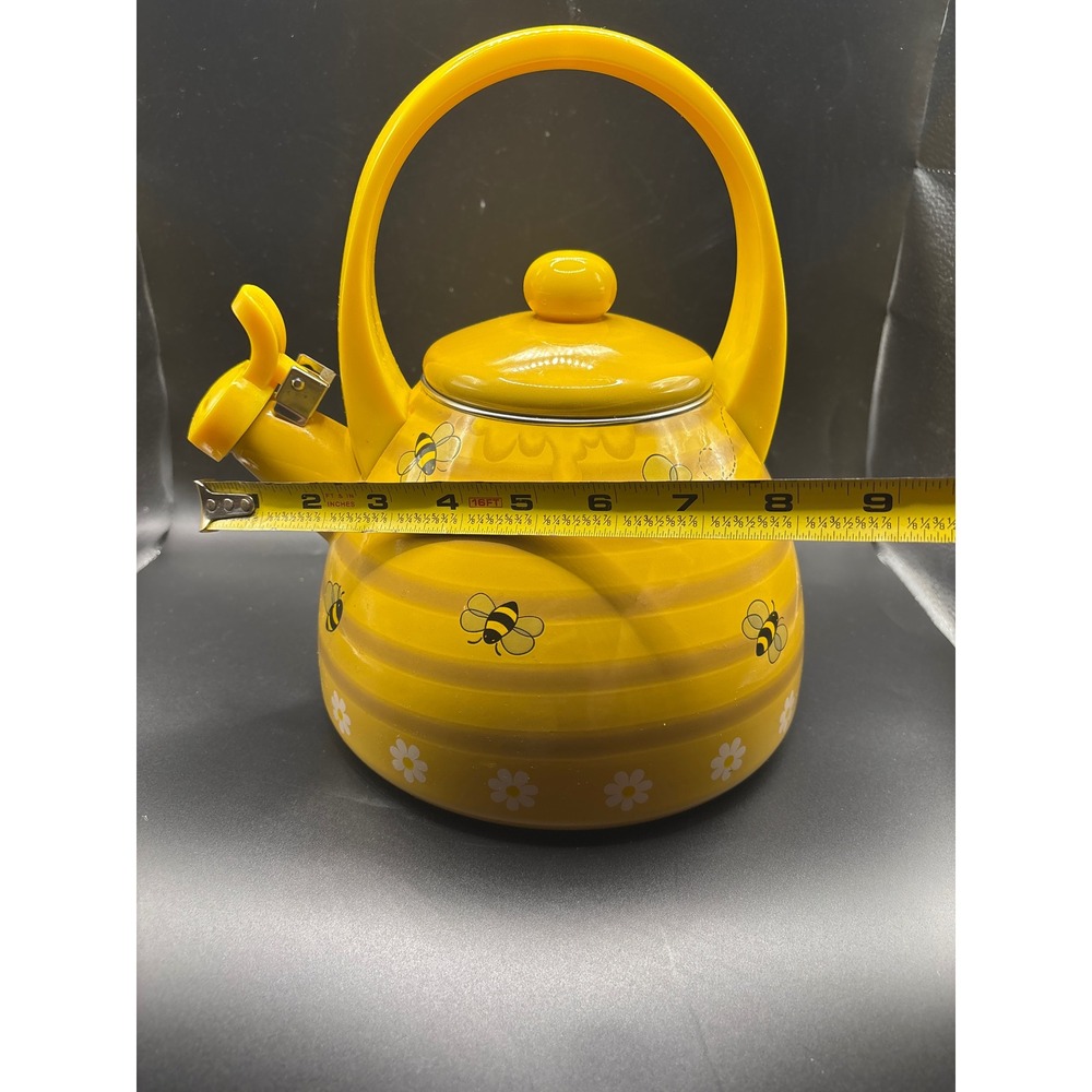 Bumblebee Honey Pot Whistling Tea Kettle Yellow Enamel Stovetop Bee Daisy Design - Picture 10 of 10